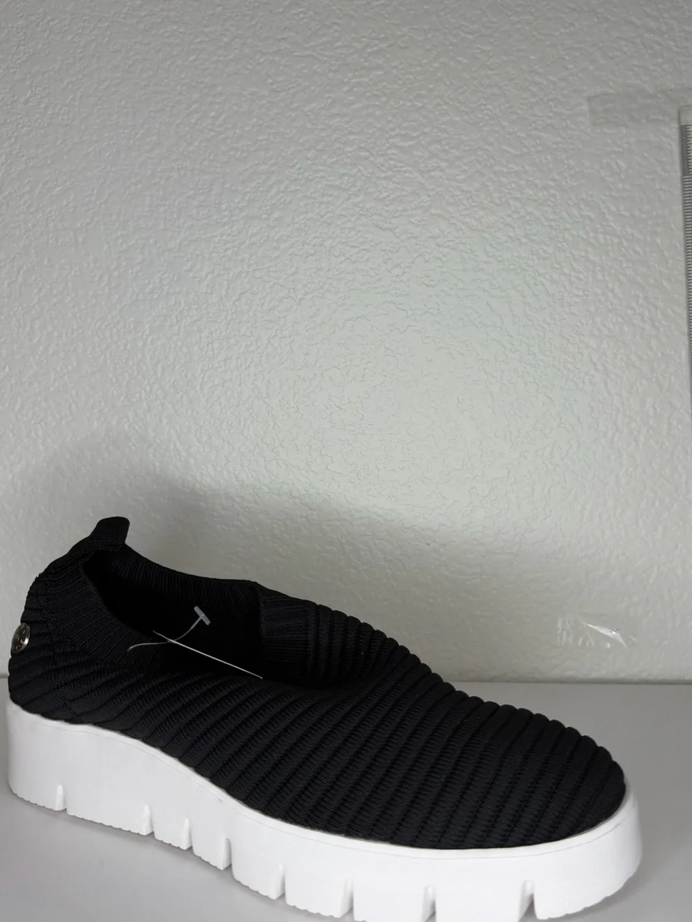 bernie mev. Black Knit Slip-On Espadrilles with White Platform Sole
